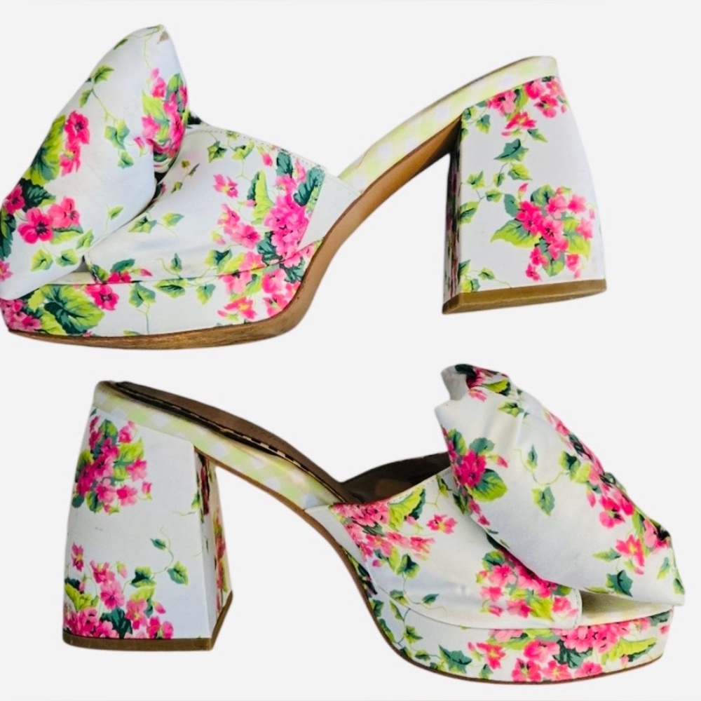 Betsey Johnson Pink, White & Green Floral with Jewel Mules & Chunky Heels - Picture 4 of 14